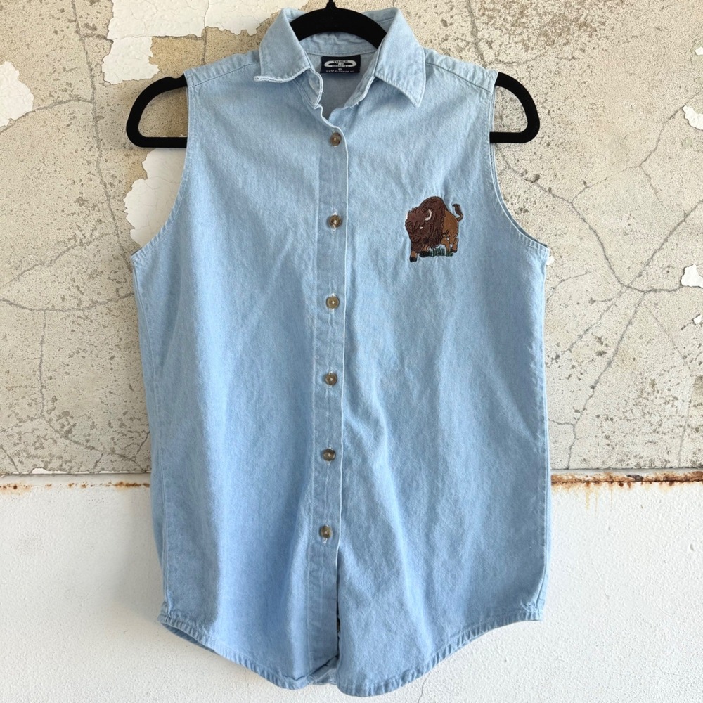 Vintage Denim Shirt Buffalo Embroidered Sleeveless Top Western Button Down S